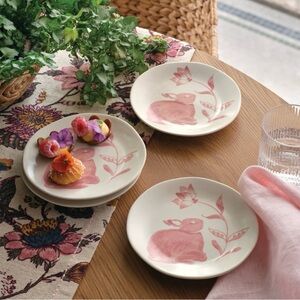 🐰4pc Aralia Appetizer Plates Pink Bunny Hand Painted 6”Stoneware NWT